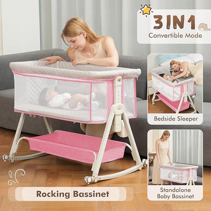 Baby Bassinet Bedside Sleeper for Baby,Bedside Bassinet with Wheels and Storage Basket, 6 Height Adjustable Bedside Crib(Upgrade Pink)-Ruum Studio Home