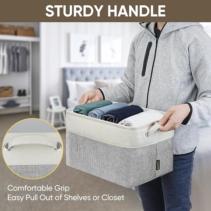 BALEINE 3 Pack Fabric Storage Bins for Shelves, Linen Storage Baskets for Organizing, Decorative Closet Bins for Clothes, Home (Grey, 15"x11"x9.5")-Ruum Studio Home