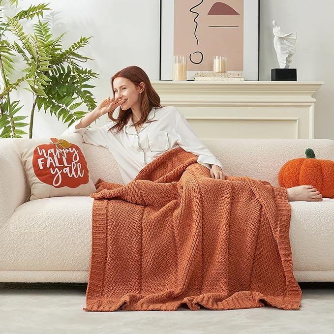 Amélie Home Chenille Knit Throw Blanket for Couch, Chevron Texture Decorative Soft Blanket for Sofa, Bed & Chair, 50"x60", Burnt Orange-Ruum Studio Home