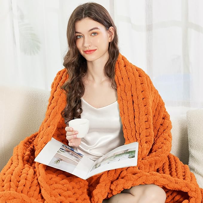 Admitrack Chunky Knit Blanket Throw, 100% Hand Knit Chenille Throw Blanket for Sofa & Home Decor, Soft and Cozy Knitted Throw Blankets (Orange, 51"x63")-Ruum Studio Home