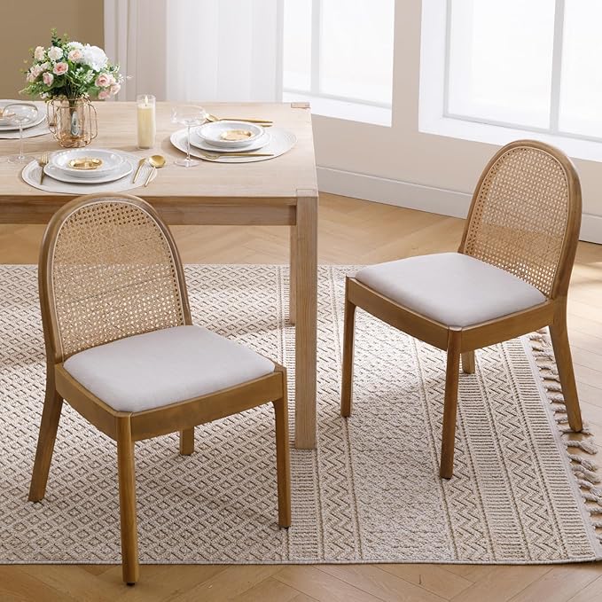 Mid Century Dining Chairs Set of 4, Accent Rattan Linen Fabric Side Chairs Kitchen Chair with Solid Wooden Legs for Living Room Dining Room, Beige-Ruum Studio Home