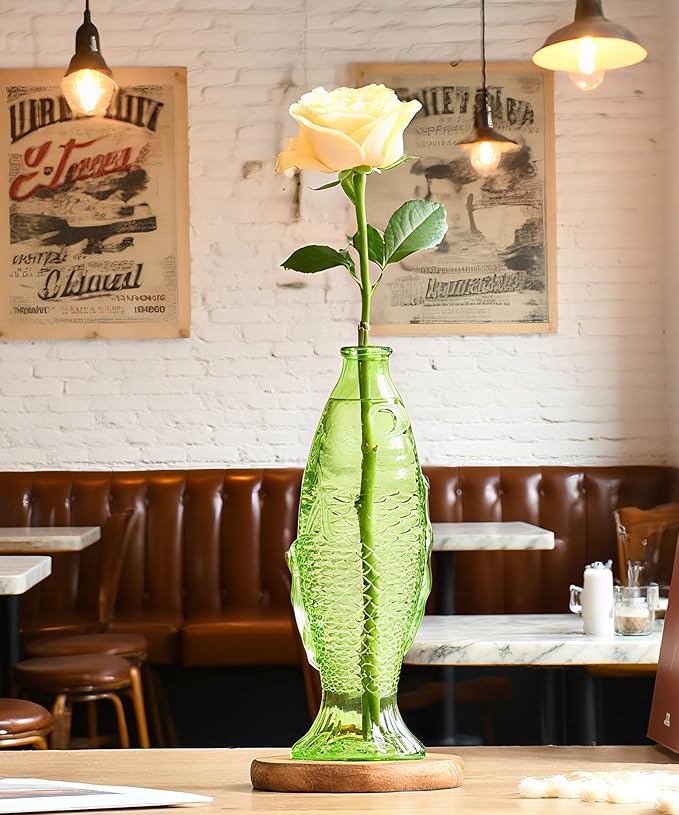 Nacome Fish Vase Glass Plant Terrarium with Wooden Stand,Plant Propagation Station for Home Office Hydroponics Desk Decoration,Unique Gardening Gifts for Plant Lovers Women Mom(Green)-Ruum Studio Home