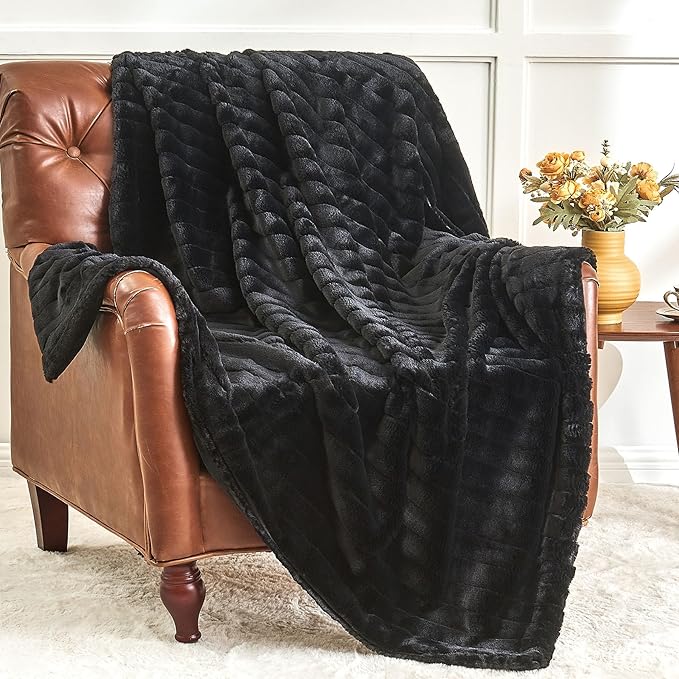 BEDELITE Faux Fur Throw Blanket for Couch, Soft and Cozy 3D Ribbed Fluffy Blanket, Thick Warm Plush Fuzzy Faux Rabbit Fur Blanket for Women Gift (Black, 50"x 60")-Ruum Studio Home