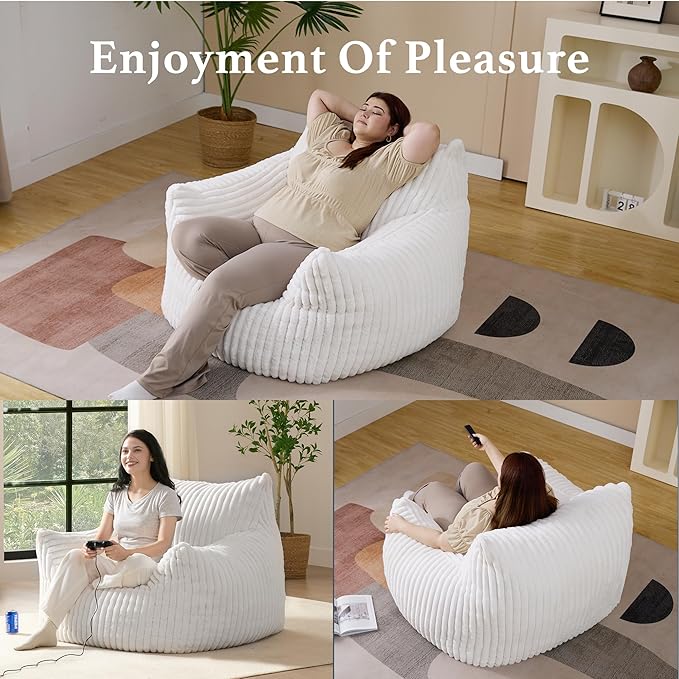 Giant Plush Bean Bag Chair for Adults with Armrests - Oversized Comfy Beige Beanbag Lounge Lazy Floor Sofa Accent Chair for Living Room, Bedroom & Dorm, Cozy Fluffy Single Cloud Mini Couch-Ruum Studio Home