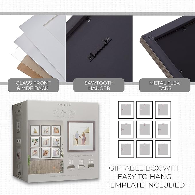 Sheffield Home 9 Piece Gallery Wall Frame Set, 12x12 Inch, Natural-Ruum Studio Home