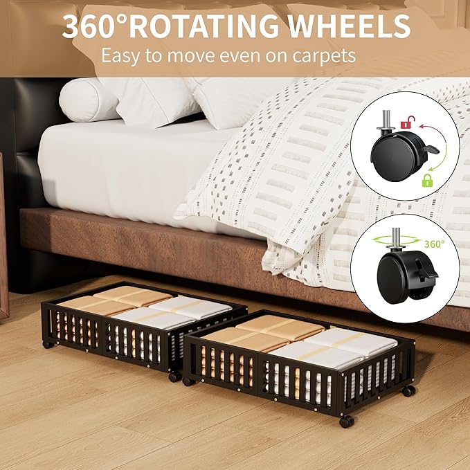 Bamboo Under Bed Storage with Wheels (2-Pack) – Rolling Underbed Shoe Organizer Box for Shoes, Blankets, Toys, Clothes Container Space-Saving Organizer Bins for Bedroom, Closet, Dorm, Nursery-Ruum Studio Home
