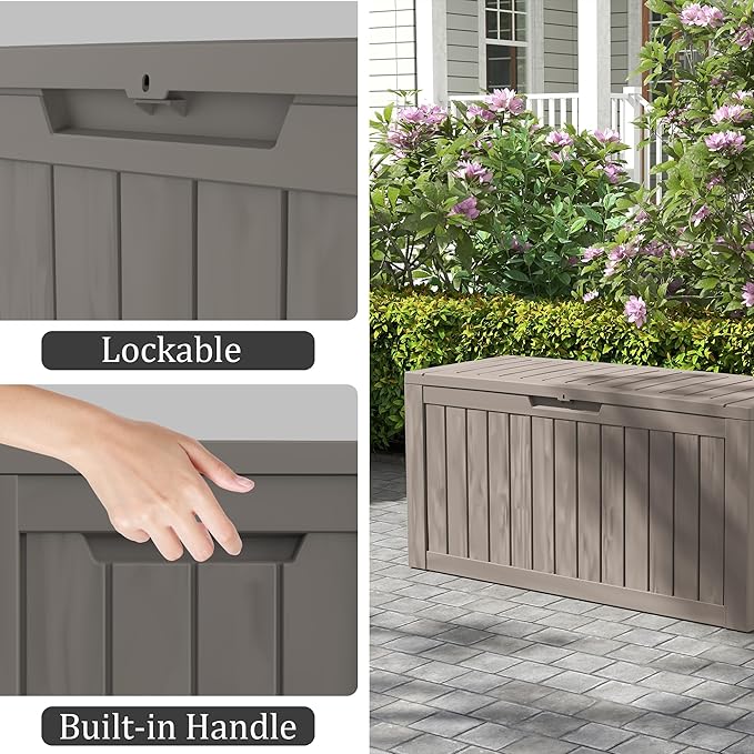 75 Gallon Double-Wall Resin Deck Box - Lockable Waterproof Outdoor Storage Box, 515lbs Capacity & Doubles as Seating for Patio Furniture - Garden Tools, Pool Accessories (Brown)-Ruum Studio Home