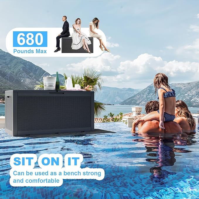 100 Gallon Deck Box,Resin Outdoor Storage Box with Lockable for Patio Furniture, Pool Accessories, Garden Tools Waterproof Outside Storage Box, Black-Ruum Studio Home