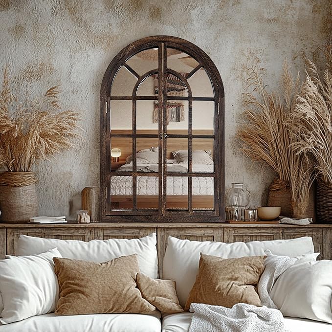 Arched Wall Mirror with Window Design, 38"x26" Rustic Farmhouse Wood Mirror for Wall Decor, Decorative Vintage Arch Mirror for Living Room, Bedroom, Entryway-Ruum Studio Home