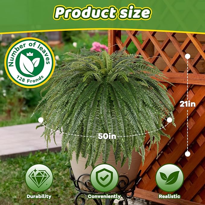 Single Silky 50" Artificial Fern Plant, Large Fake Fern with 128Fronds, Realistic Faux Boston Fern Bush for Outdoors & Indoor, Silk Greenery for Planter, Garden, Office, Home Décor-Ruum Studio Home