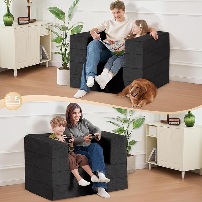 Folding Bean Bag Chair for Adults,3-in-1 Bean Bag Couch Faux Fur Floor Sofa Large Beanbag Convertible Bean Bag Sofa Bed with Pillow in Bedroom,Living Room,Apartment(Twin,Black)-Ruum Studio Home