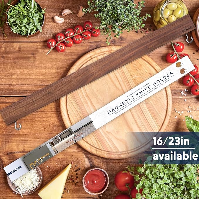 Dmore magnetic knife holder for wall—with 2 hooks, No Drilling 23 Inch walnut knife magnetic strip, Powerful knife magnet rack, include Adhesive Tape and screws for Knives, Utensils, and Tools-Ruum Studio Home