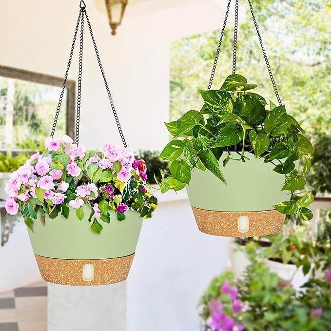 QCQHDU 2 Pack Hanging Planters for Indoor Outdoor Plants, 10 Inch Hanging Baskets Flower Pots with Reservoir Tray & Visible Water-Level-Ruum Studio Home