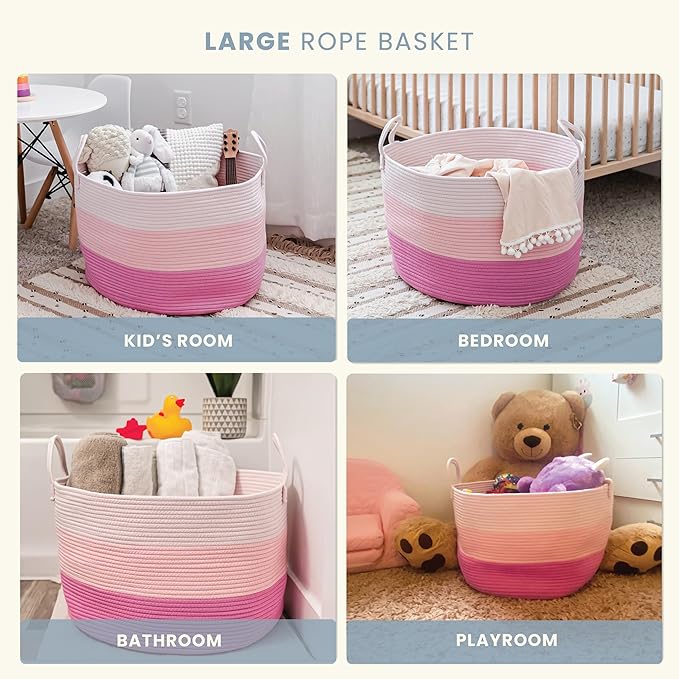 OrganiHaus Toy Storage Basket for Kids, Large Cotton Rope Organizer Bin for Nursery, Toy Box, Blanket Holder, Baby Hamper for Living Room, Soft & Washable, 20x13 inches - Pink-Ruum Studio Home
