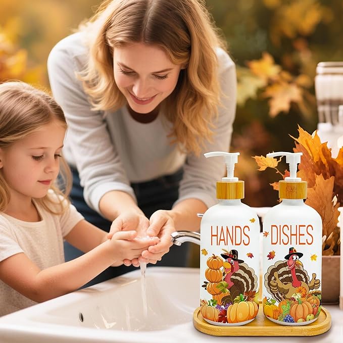 Hexagram Thanksgiving Decorations Indoor, Thanksgiving Kitchen Soap Dispenser Set of 2, Turkey Glass Soap Dispenser for Home Decor, Turkey Refillable Lotion Essential Oil Dispensers with Pump-Ruum Studio Home