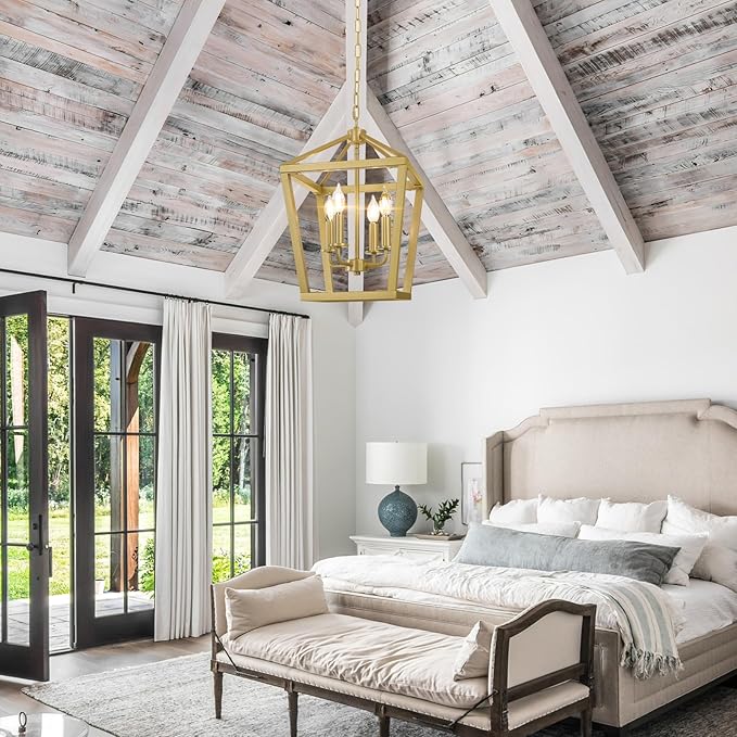 Gold Chandelier 4-Light, Farmhouse Pendant Light Fixture Adjustable Height, Modern Dining Room Light Fixture, Lantern Ceiling Hanging Lighting with Metal Cage for Kitchen Island Entryway Foyer-Ruum Studio Home