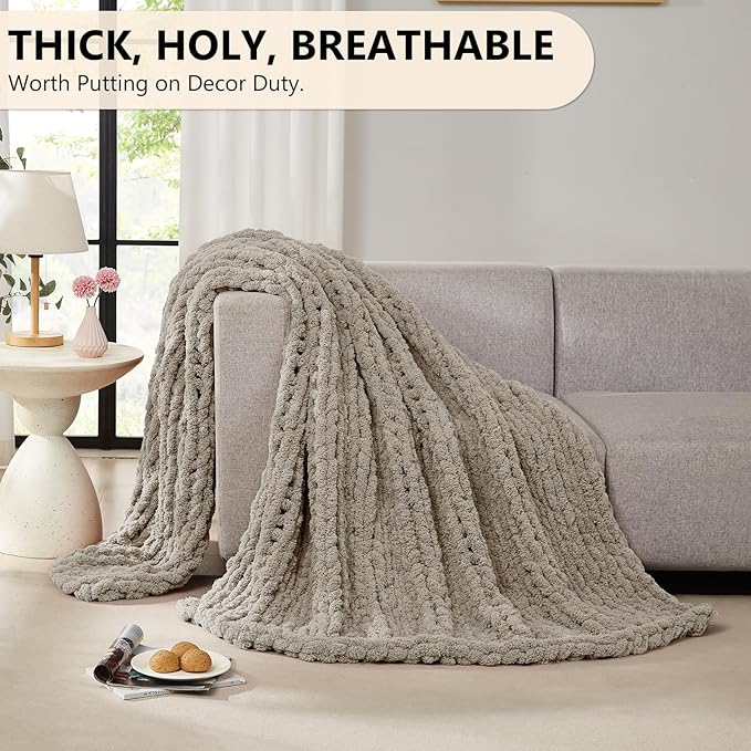 L'AGRATY Chunky Knit Blanket Throw: 60''x80'' Chenille Chunky Knitted Throw Blanket for Bed Couch - Handmade Thick Big Cable Knit Blanket - Large Crochet Rope Blanket for Home Decor(Light Linen)-Ruum Studio Home