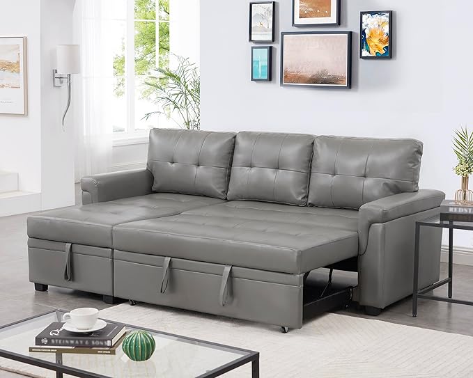 Naomi Home L-Shaped Reversible Sectional Sofa with Pull-Out Sleeper Bed and Storage Chaise, Gray Air Leather-Ruum Studio Home