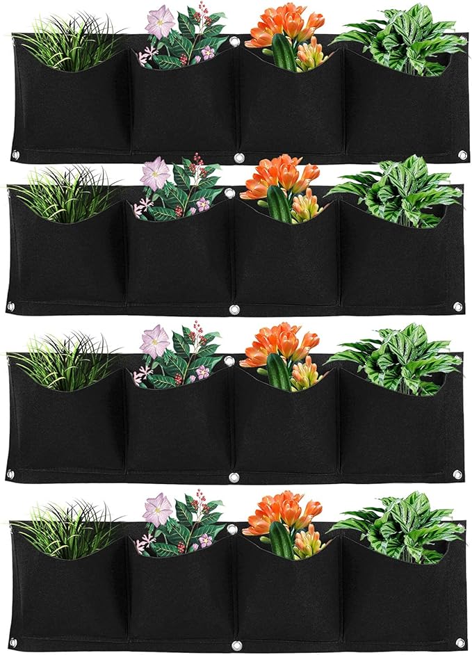 Atyhao Vertical Hanging Outdoor Wall Planter 4Pcs 4 Pocket Plant Grow Bag Wall Mounted Reusable Degradable Felt Garden Planter Herbs, Succulents Artificial Pl or Flowers. (Black)-Ruum Studio Home