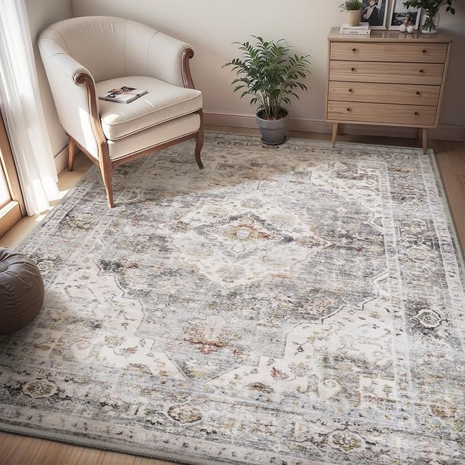 AMOAMI-4X6 Area Rugs for Living Room -Soft Vintage Bedroom Rugs-Non Slip Washable Rug-Throw for Living Room Bedroom Bedside Dining Room Office Grey-Ruum Studio Home