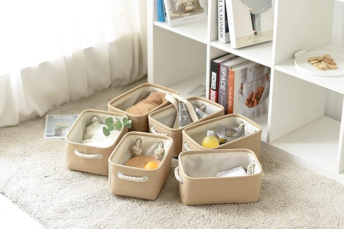Organization and Storage Basket for Gifts Empty - 12x8x5.2 inch Small 6 Pack Collapsible Storage Box for Organizing, Fabric Storage Cubes for Cloth Books Laundry Canvas(Beige)-Ruum Studio Home