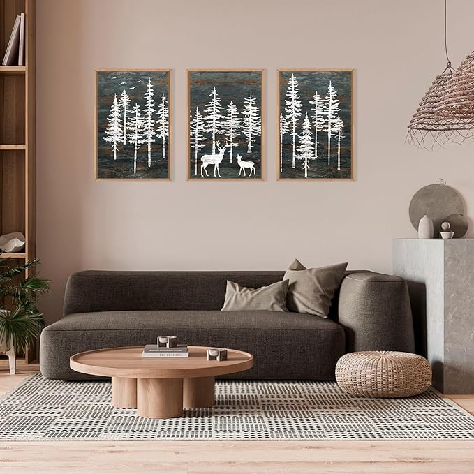 Celestdeco Modern White Forest Framed Canvas Wall Art Set, Minimalist Woodland Art Painting, Retro Tree Landscape Wall Decor, Wildland Deer Artwork for Living Room, Dining Room, Office - 24"x36"x3-Ruum Studio Home