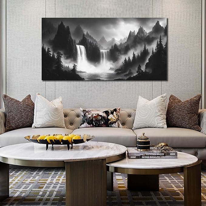 HUBOSKN Waterfall Pictures Wall Decor for Living Room - Mountain Wall Art for Office - Black and White Canvas Wall Art for Bedroom Size 24" x 48"-Ruum Studio Home