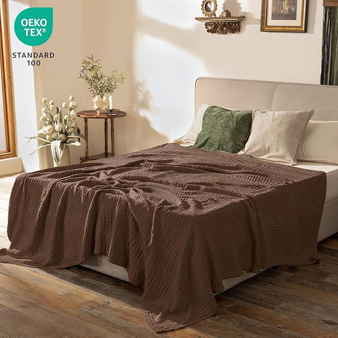 PHF Cooling Waffle Blanket Twin Size, Lightweight 60% Rayon Derived from Bamboo & 40% Cotton Breathable Blanket for Hot Sleepers, Soft and Luxury for Bed Couch and Sofa, 66"x90", Cocoa Brown-Ruum Studio Home