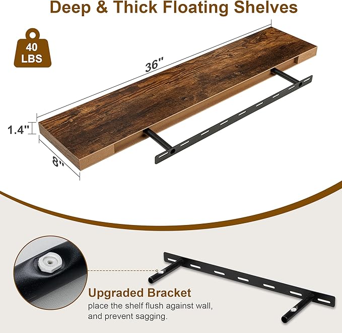 Floating Shelves 36 Inch Long, Deep Floating Shelf for Wall, 36 x 8 Floating Shelves Set of 2, 8 Inch Deep Wall Shelves for Living Room, Kitchen, Bedroom, Large Storage Shelves, Rustic Brown-Ruum Studio Home