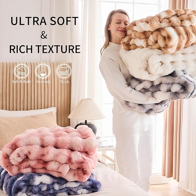Cozy Faux Fur Throw Blanket for Bed-Warm Fuzzy Throw Blanket, Soft Plush Thick Bubble Blankets for Bedroom and Living Room, Furry Luxury Blanket, 90 x 108,Tie-Dye Grey-Ruum Studio Home