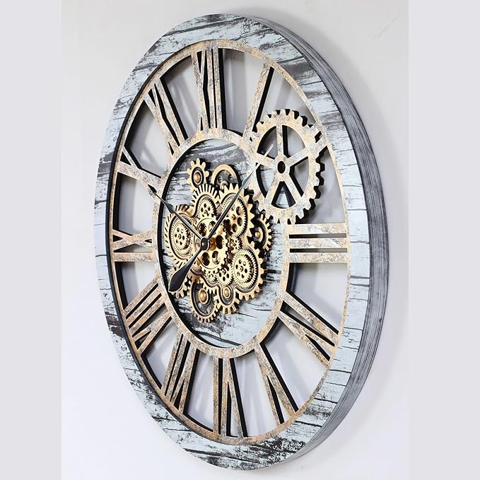 The Gears Clock 36'' Inch Real Moving Gear Wall Clock Vintage Industrial Oversized Rustic Farmhouse (Vintage Grey and White)-Ruum Studio Home