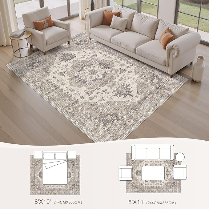 Washable Area Rugs for Living Room -8x11 Neutral Vintage Distressed Floral Farmhouse Boho Large Soft Floor Rug Indoor Non Slip Carpet for Living Room Bedroom Dining Room Office-Brown/Beige-Ruum Studio Home