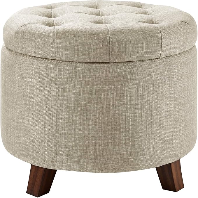 Amazon Basics Round Linen Ottoman with Storage, Tufted Upholstered Footstool for Living Room and Bedroom, 20" x 17", Linen Burlap Beige-Ruum Studio Home