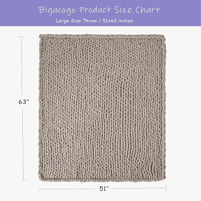 Bigacogo Chunky Knit Throw Blanket for Couch, 51x63 inches, 100% Hand Knitted with Thick Jumbo Chenille Yarn, Cozy Soft Large Rope Knot Cable Crochet Blankets for Sofa Bed Living Room, Taupe-Ruum Studio Home
