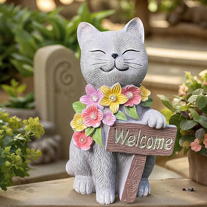 Solar Cat Garden Statue for Outdoor Decor, Cat Solar Light with Flowers, Resin Welcome Cats for Garden, Yard, Lawn Decor, Cats Lover Gifts for Women-Ruum Studio Home