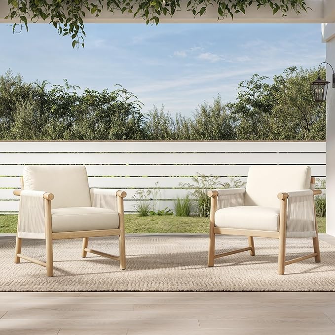 CHITA Boho Patio Rattan Chair Set of 2, Outdoor Wicker Chair with 7.1″ Thickened Cushions Acacia Wood Frame(Cream)-Ruum Studio Home