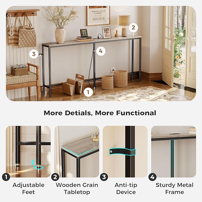 SUPERJARE 70 Inch Console Table with Outlet, Narrow Entryway Table for Living Room, Oak-Ruum Studio Home