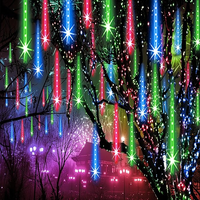 Meteor Shower Lights Outdoor Christmas Lights 24-Tube 576LEDs Snow Falling Rain Cascading Icicle Light for Christmas Tree Decorations Wedding Party Holiday Garden Decor, UL Plug Multi Color-Ruum Studio Home