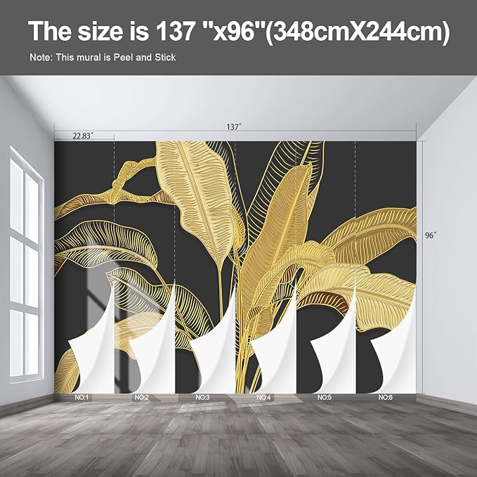 Gold Banana Leaf Wall murals Peel and Stick Wallpaper for Bedroom Living Room - 96"x137"-Ruum Studio Home