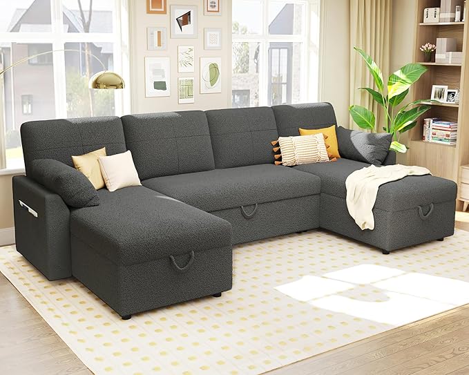 VanAcc Sleeper Sofa, 110 inch Oversize - 2 in 1 Pull Out Bed, Sectional Sleeper Sofa with Double Storage Chaise for Living Room, Grey Boucle Couch-Ruum Studio Home