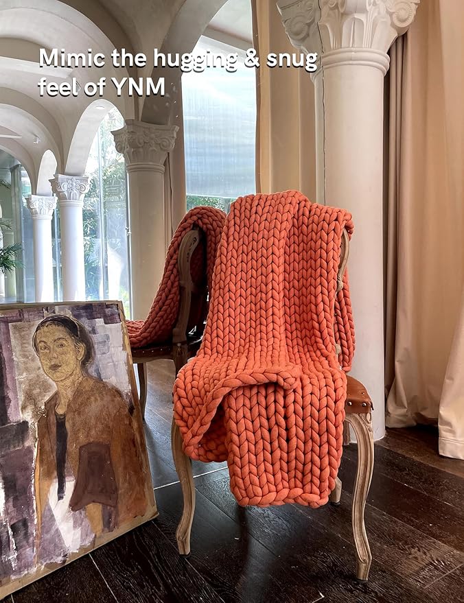 YnM Chunky Throw Blanket, Medium-Weight, Hand Knitted, Skin Friendly, Ventilated and Breathable, Machine Washable, Home Décor Piece for Couch, Sofa and Bed (Exotic Orange, 50x70 Inch)-Ruum Studio Home