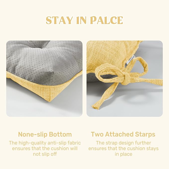 puredown® Chair Cushions for Dining Chairs, Tufted Memory Foam Chair Pads with Non-Slip Backing, Kitchen Seat Cushions with Ties, Washable Pads Set of 4, 15.5" x 15.5" x 4", Yellow-Ruum Studio Home