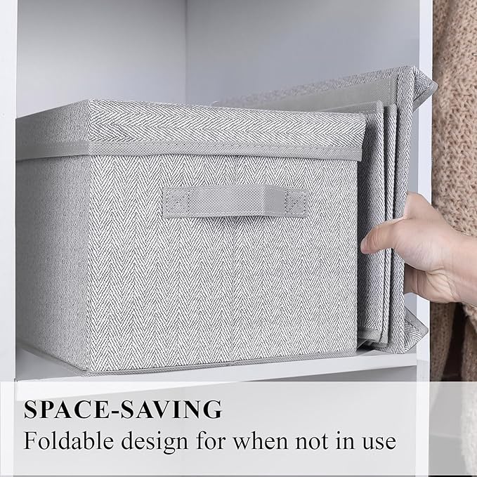 WUIKE 3 Pack Large Storage Bins with Lids, Fabric Closet Shelf Organizers, FoldableStorage Baskets with Cover for Bedroom, Herringbone Gray-Ruum Studio Home