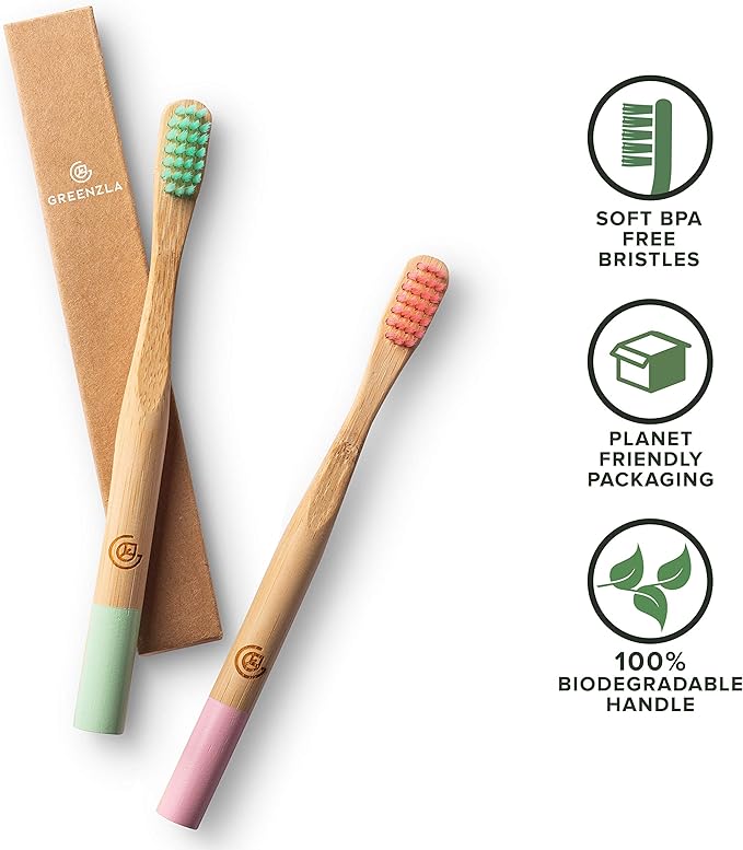 GREENZLA Kids Bamboo Toothbrushes, Natural Toothbrush Set, Soft Bristles, Durable Charcoal Wooden Brushes, Compostable Design for Toddlers and Children, 6 Pack-Ruum Studio Home
