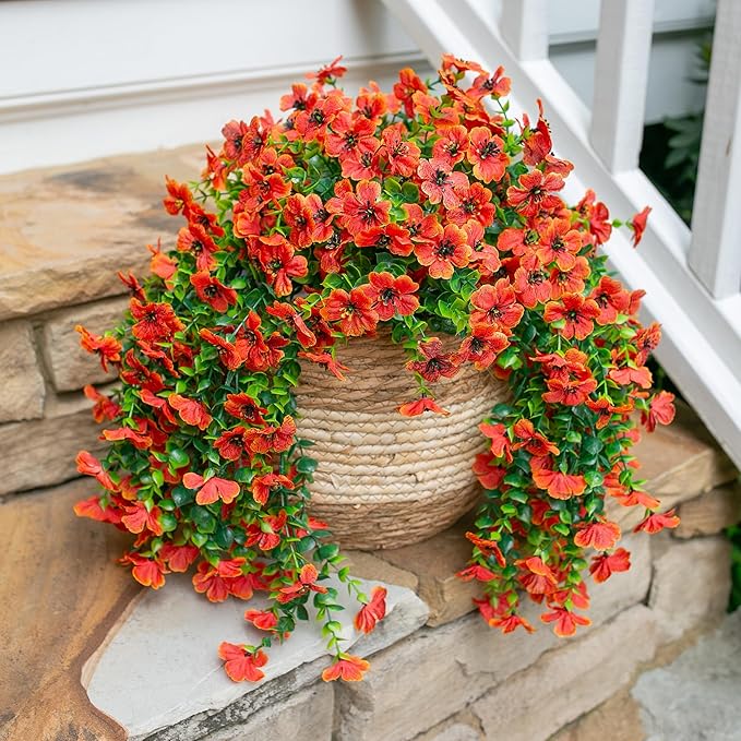 INSPRING Fall Fake Mums Artificial Flowers Hanging Decoration for Outdoors, 2Pcs Orange Daisy with Autumn Eucalyptus Leaves, Realistic Plants Decor, Silk Flower for Porch Patio Balcony Planter Yard-Ruum Studio Home