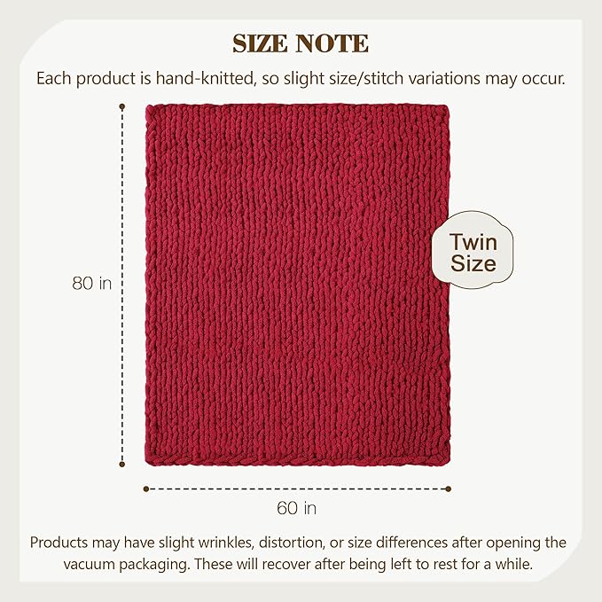 Carriediosa Chunky Knit Throw Blanket 60" X 80" Twin, 100% Hand Made Large Chenille Loop Yarn Soft Fluffy Throws for Couch Sofa Bed, Big Crochet Cozy Heavy Thick Cable Woven Blankets, Red-Ruum Studio Home