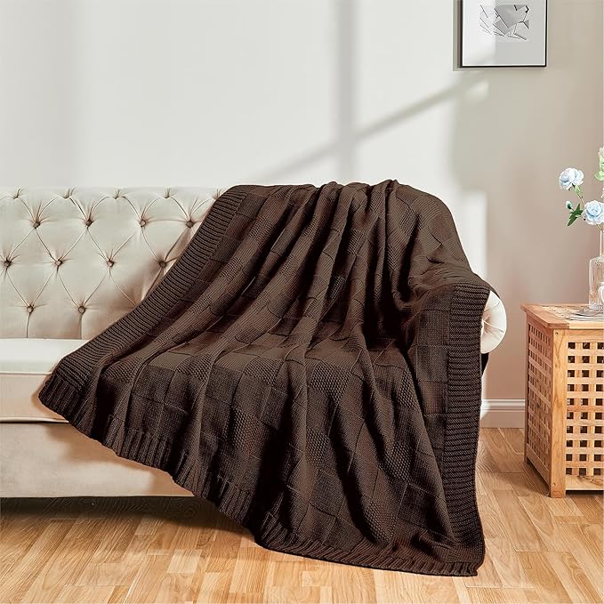 CozeCube Check Knit Throw Blanket, Dark Brown Checkered Throw for Couch, Decorative Christmas Soft Cozy Warm Knitted Blanket for Bed Sofa Living Room, 60"X80"-Ruum Studio Home