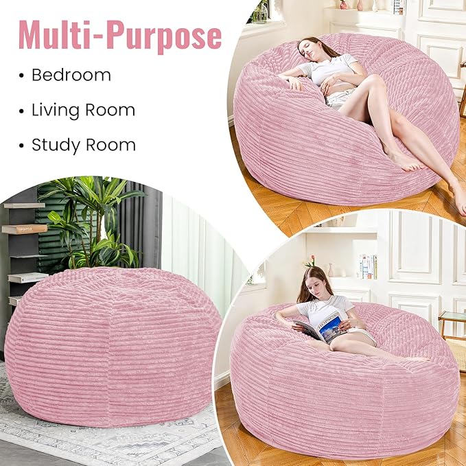 Large Bean Bag Chair, 5FT Giant Beanbag Chairs with Memory Foam Filled, Bean Bag Chairs for Adults, Ultra Soft Lazy Sofa for Living Room Bedroom (Pink)-Ruum Studio Home