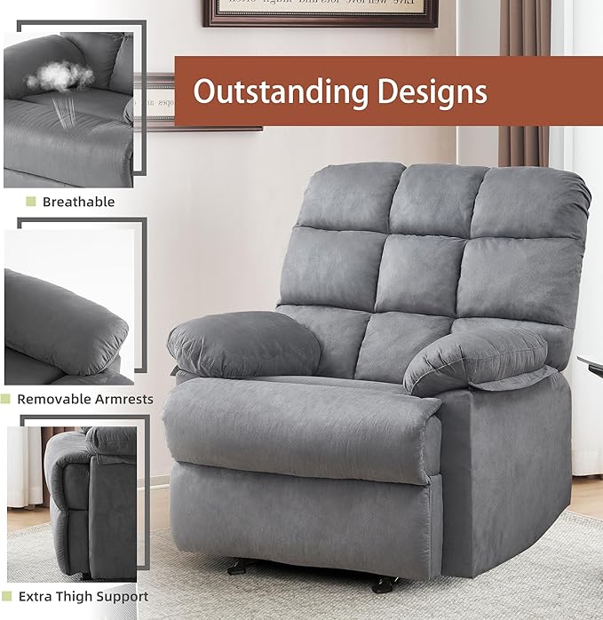 Rocker Recliner Chair, Overstuffed Manual Rocking Recliner for Adults, Upholstered Comfy Soft Fabric Living Room Reclining Sofa Chair(Gray)-Ruum Studio Home