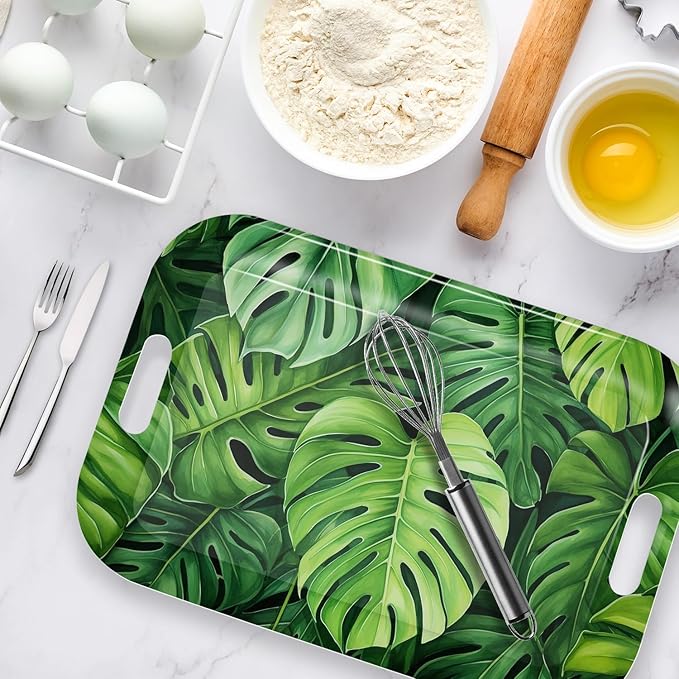 Serving Trays with Handles, 14.5 x 9.8 inch Rectangular Plastic Tray for Restaurant, Kitchen, Tropical Leaf Pattern Monstera in The Style-Ruum Studio Home